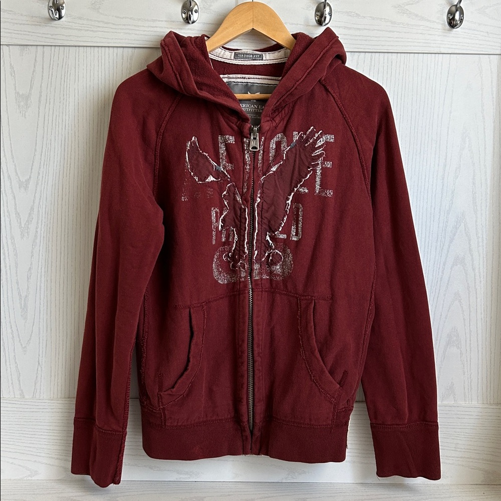 Y2K American Eagle Men Small Hoodie Red Maroon Vintage Thick Stitch Patch Preppy